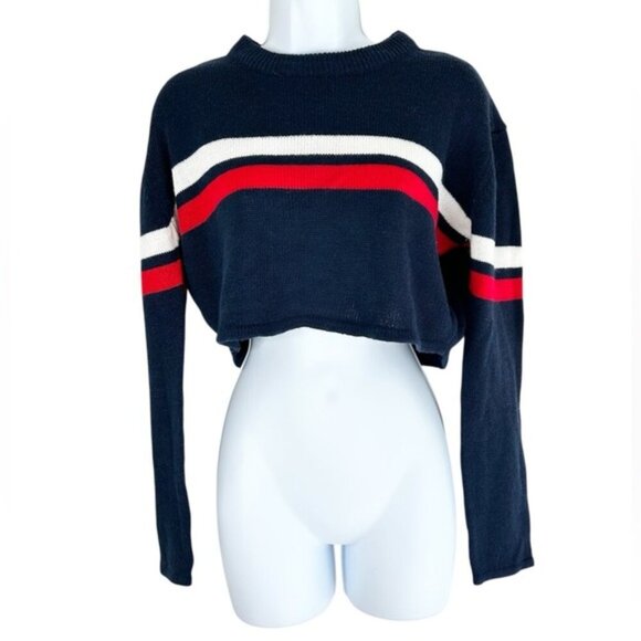 Bluenotes Women's Sweater Top Knit Cropped Stripe Long sleeve Navy Blue Medium - Picture 2 of 11